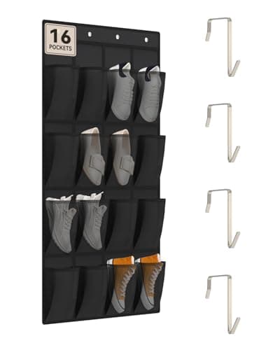 dodowin Over the Door Shoe Organizer, 16 Mesh Pockets, 4 Hooks, Black