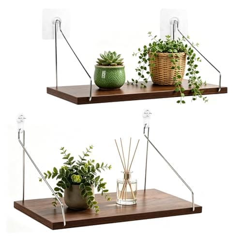 Brizphex Renter Friendly Wall Shelves No Drill, 2 Pack Renter Friendly Hanging Shelves, Rustic Wood Wall Mounted Shelf for Tenant, Dormitory, Apartment, Office Worker