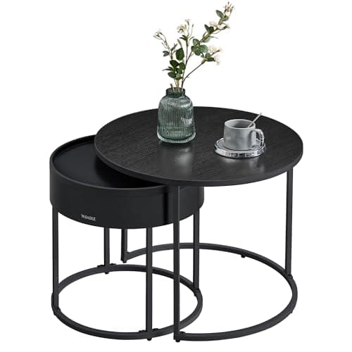 VASAGLE Round Coffee Tables, Set of 2 Nesting Tables, Hidden Storage
