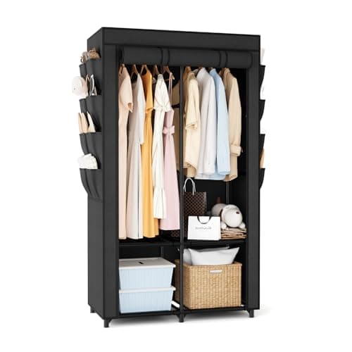 BrFoYu Portable Closet for Hanging Clothes, Portable Wardrobe Closet with Cover, 4 Storage Shelves, 2 Hanging Rods and 8 Side Pockets, Easy Assembly and Sturdy Free Standing Closet for Bedroom, Black