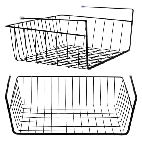 Tebery 2 Pack Black Under Shelf Wire Basket, Hanging Storage Baskets Under Cabinet Add-on Storage Racks, Slide-in Baskets Organizer for Kitchen Pantry Desk Bookshelf