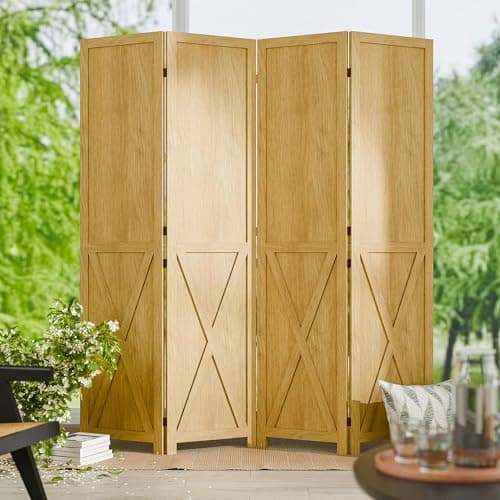 Cozy Castle 4 Panel Folding Room Divider, Solid Wood Privacy Screen, Freestanding Partition Wall, Temporary Wall for Home/Office/Bedroom/Restaurant, Natural