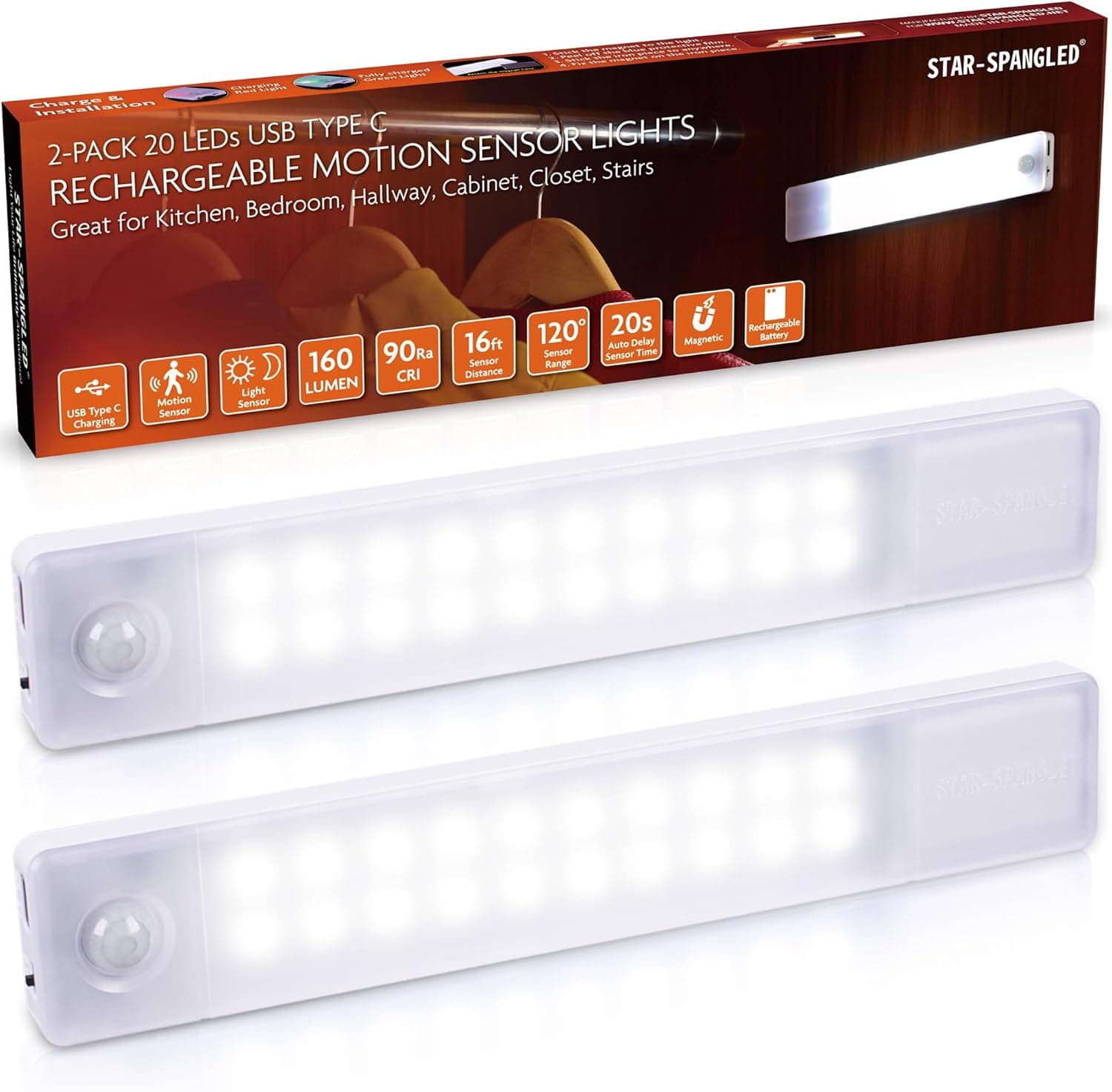 STAR-SPANGLED Rechargeable Motion Sensor Light (8 in, 2-Pack)