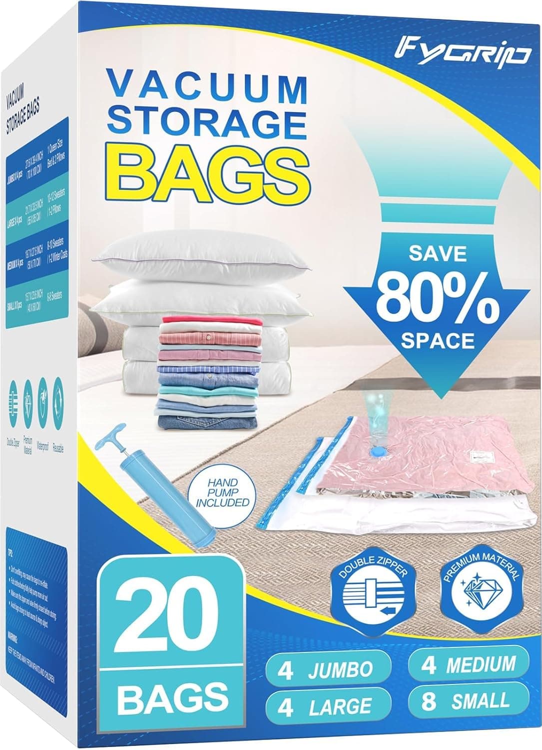 Fygrip Vacuum Storage Bags with Hand Pump (20 Combo)