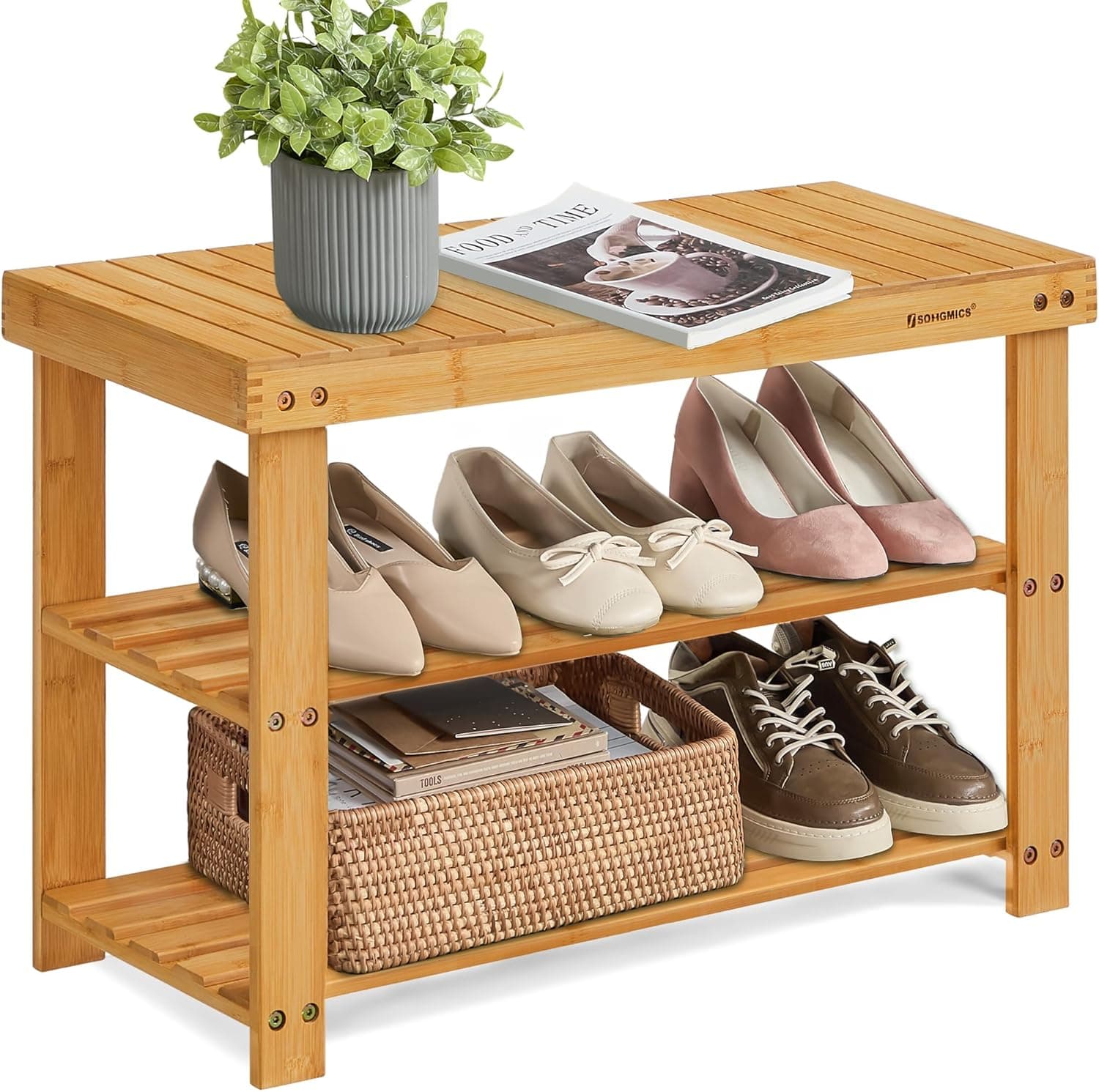 SONGMICS 3-Tier Bamboo Shoe Rack Bench